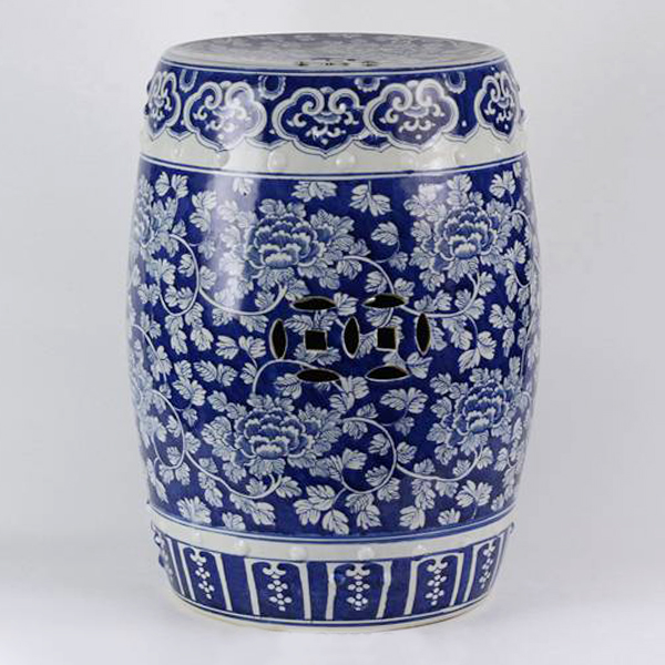 Ceramic Blue And White Floral Drum Stool