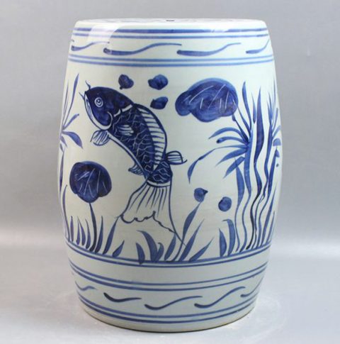 RYLL20_Blue and White Ceramic Gardeners Stool Fish design