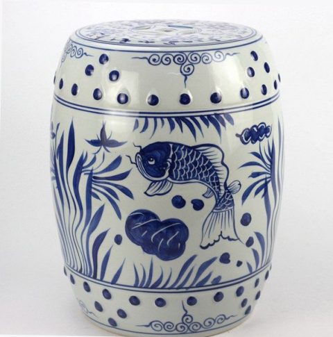 RYLL42_Hand paint fancy koi and water plant pattern blue white ceramic barrel stool