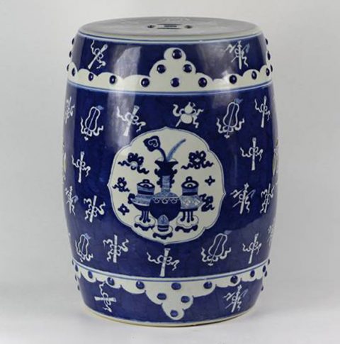 RYLU15_Wholesale hand painted eight treasure design white and blue Ceramic Seat