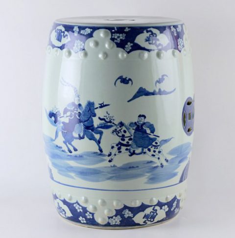 RYLU16_Hand painted garden blue and white stools man riding horses