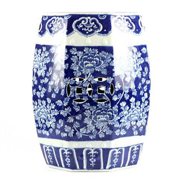 Hand painted peony pattern blue and white 8 sides ceramic stool online sale