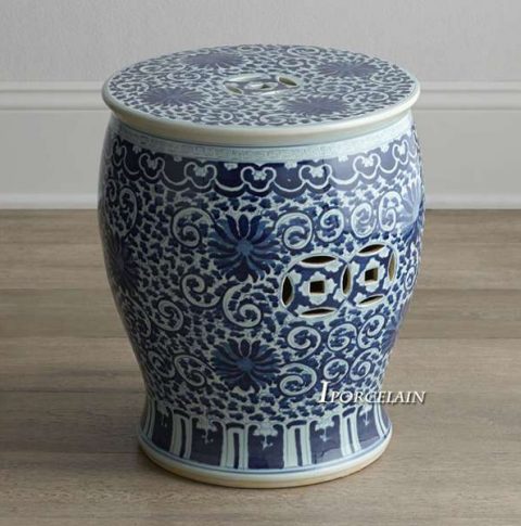 RYLV07_Blue and White painted Floral Ceramic Chinese Stools