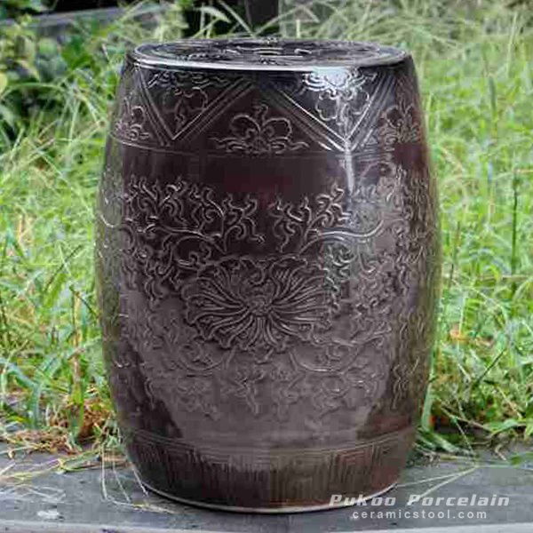Solid color engraved porcelain oriental garden seat brown