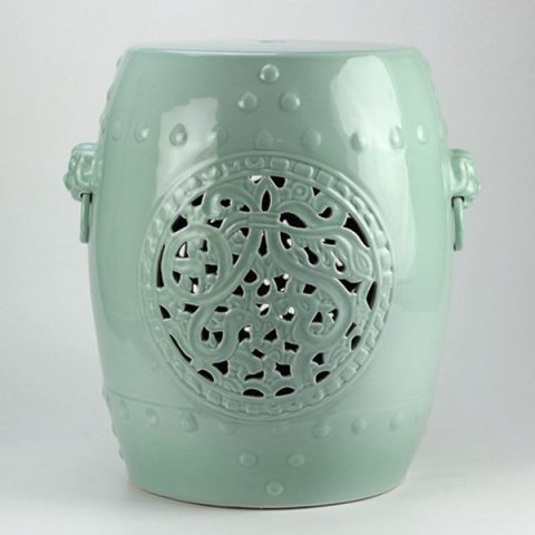 RYNQ177_Mint Green Hand Flower Carved Ceramic Garden Stool