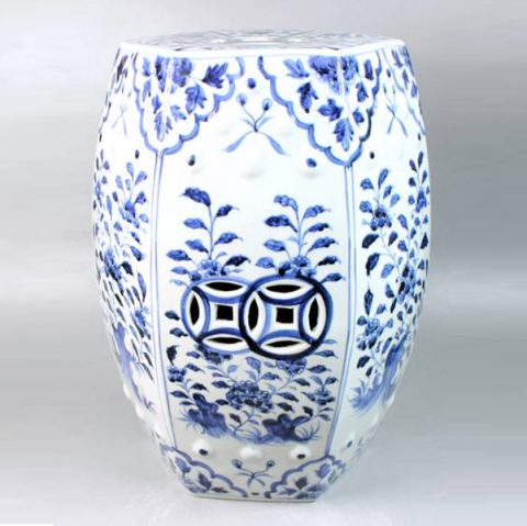 RYNQ48_Ceramic Outdoor Stool, White and Blue, high temperature fired, color strong never fade