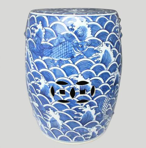 RYSI12_Chinese hand painted Blue and White Sea and Fish Garden Stool