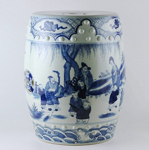 RYUC03_Hand paint ancient Chinese figurine pattern blue white ceramic stool