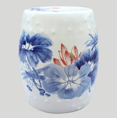 RYWX02_Blue and White Ceramic drum Stool waterlily lotus
