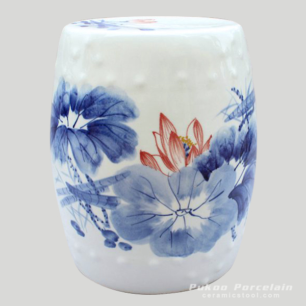 Blue and White Ceramic drum Stool waterlily lotus