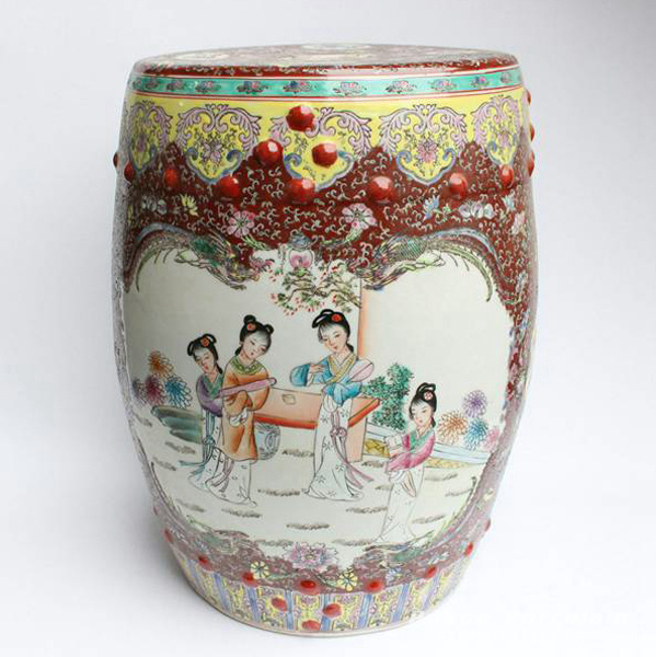 FAMILLE ROSE CHINESE PORCELAIN GARDEN SEAT STOOL PAINTED LADY PHOENIX FLORAL