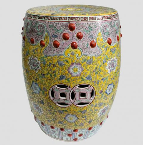 RZAI04_Hand painted famille rose Porcelain Garden Stool, yellow pink floral