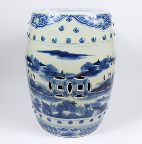 RZAJ02_Blue and White Ceramic Stool, hand painted tree, village, fishing