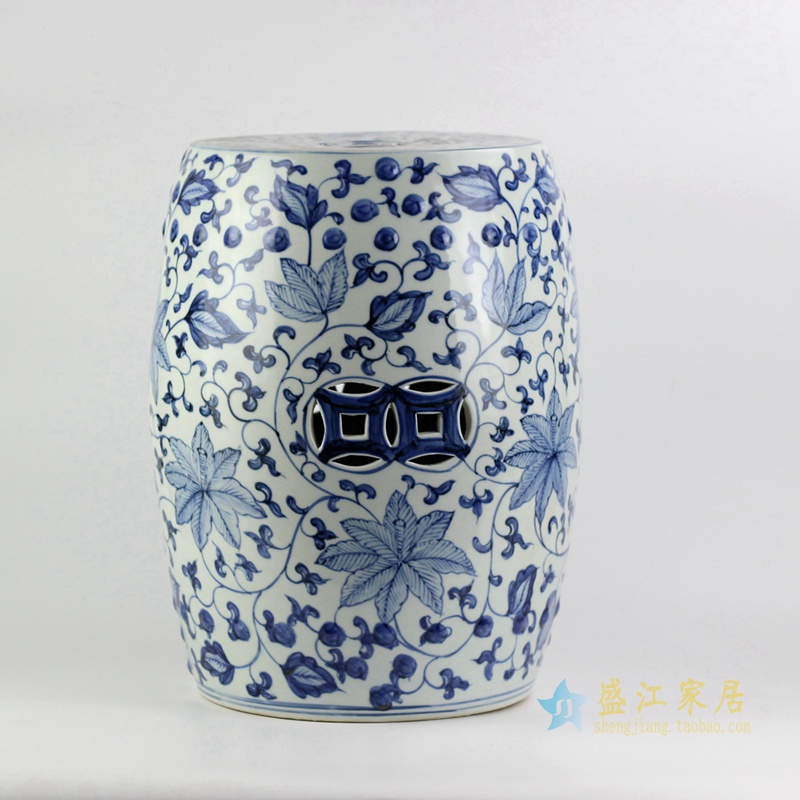 RYNQ192_Handicraft blue and white ceramic floral pattern drum stool