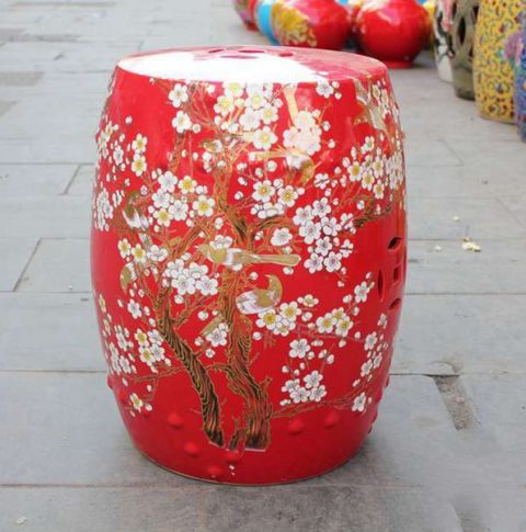 RYKB116-D_Chinese red ceramic garden outdoor stool with floral design