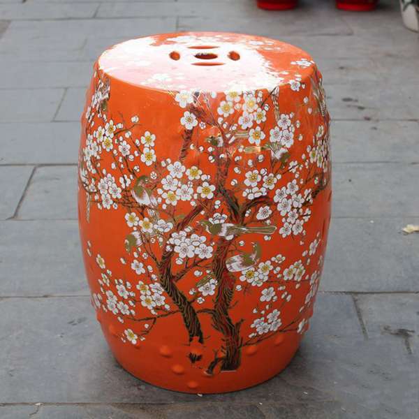 RYKB116-E_Chinese ceramic red garden outdoor stool with floral design