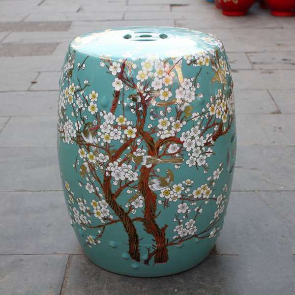 RYKB116-H_Chinese ceramic red garden outdoor stool with floral design