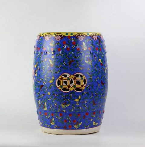 RYKB141-A_Peony butterfly pattern royal ceramic drum stools,Navy Blue garden stool