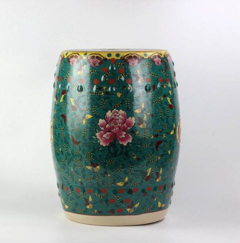 RYKB141-B_Peony butterfly pattern royal ceramic drum stools,Blackish green garden stool