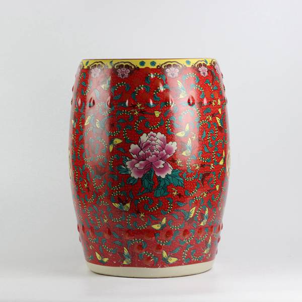 RYKB141-C_Peony butterfly pattern royal ceramic drum stools,red garden stool
