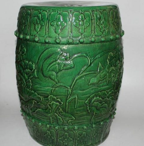RYZL05_Chinese porcelain stools Green hand carved flower bird