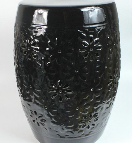 RYZS16_Black Floral carved Ceramic Drum Stool