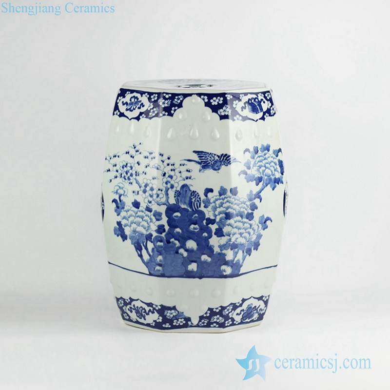 Luxury hand paint bird peony pattern blue and white porcelain ornament stool