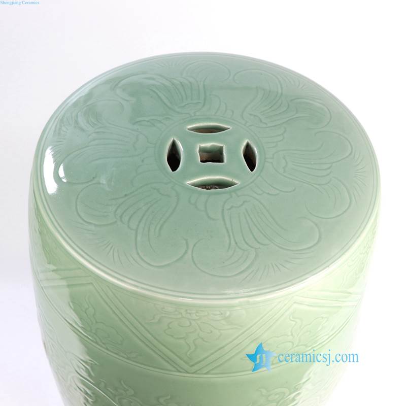 CARVED LOTUS GREEN STOOL WITH HOLLOW DECORATION