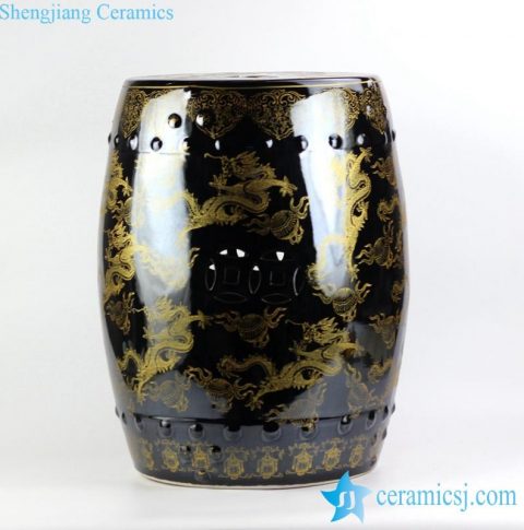 under black mirror glaze golden fire dragon pattern Jingdezhen China original porcelain patio stool