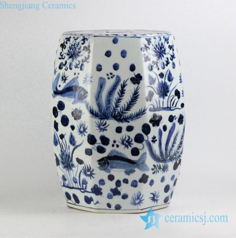 Six side blue and white fish and aquatic planter pattern porcelain stool 