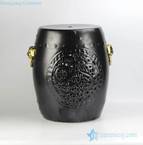 Golden lion ring handle black solid color glaze carved ceramic ottamen