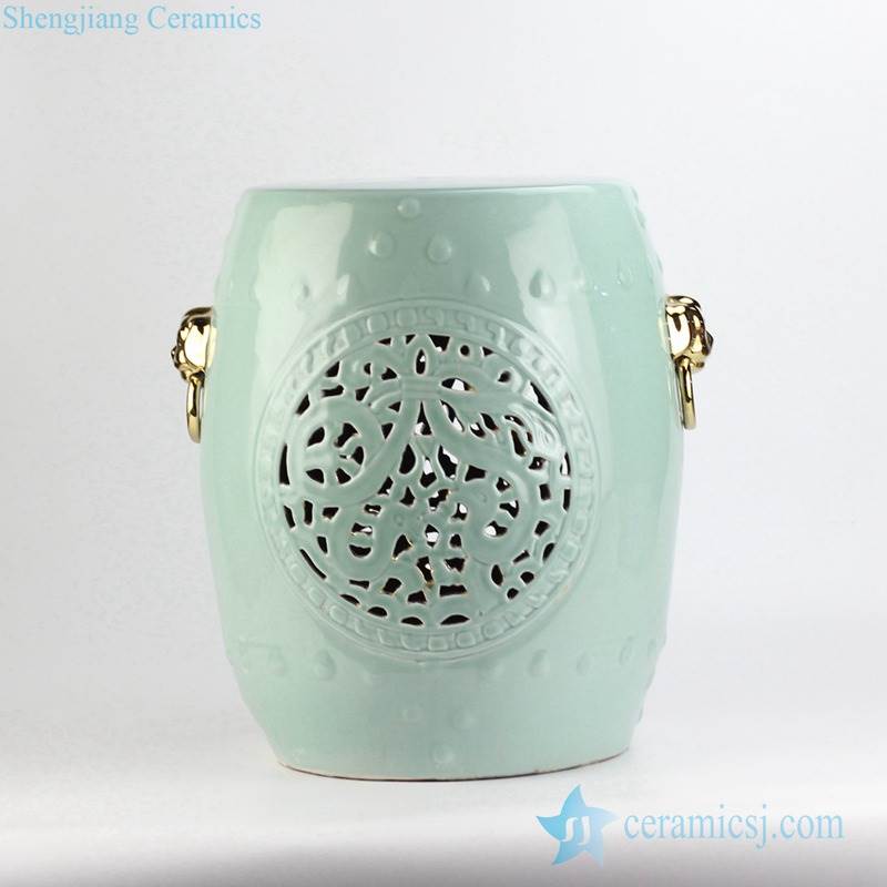 Celadon glaze golden pleated lion ring handle carved porcelain seat