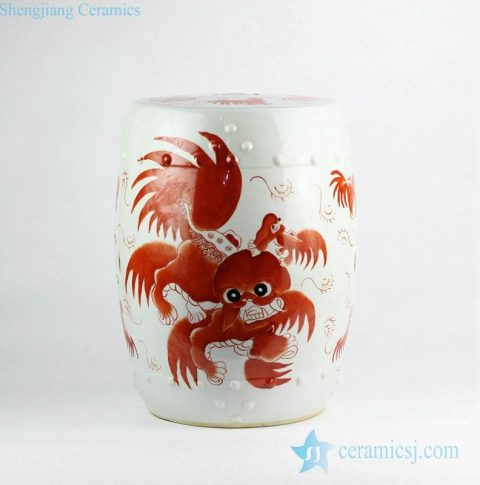 Bright red color dancing fire lion pattern hand paint ceramic outdoor stool