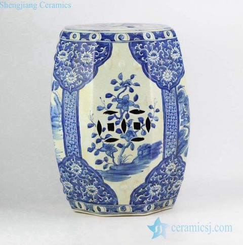 Asian style hand paint blue floral and ancient China architecture  pattern banquet hall lounge porcelain  table end