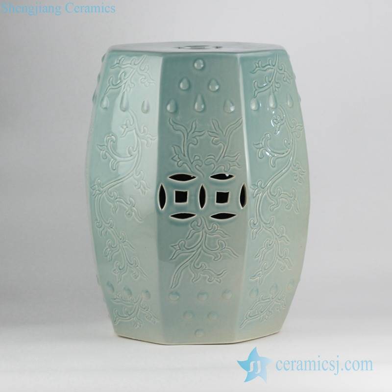 Factory wholesale price six side hand carved vine texture design green ceramic stool 