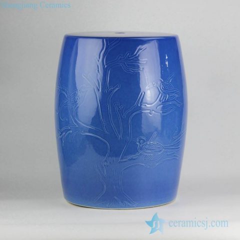 Blue glazed hand carved mocking bird pattern ceramic lounge bar seat