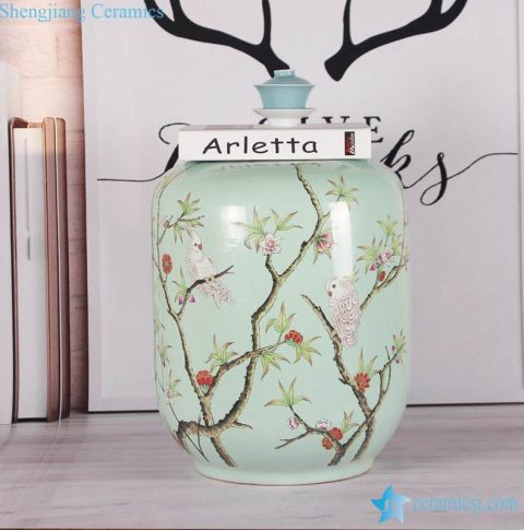 Smooth surface turquoise parrot tree branch pattern porcelain barrel chair