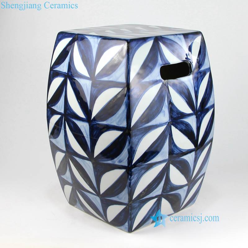 blue and white leaf hand painted stool