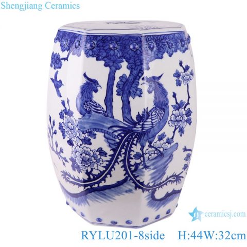 RYLU201-8side Blue and white Porcelain phoenix design ceramic Garden chair stool