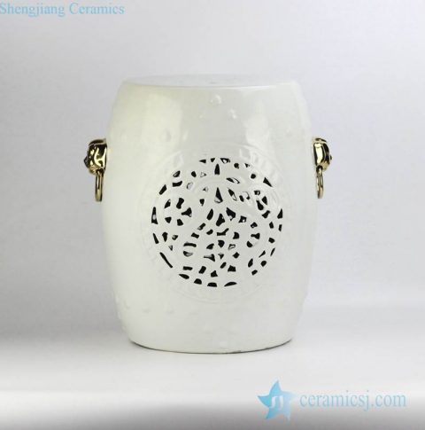 Popular export item white glaze Solid color golden lion handle unique design ceramic drum stool