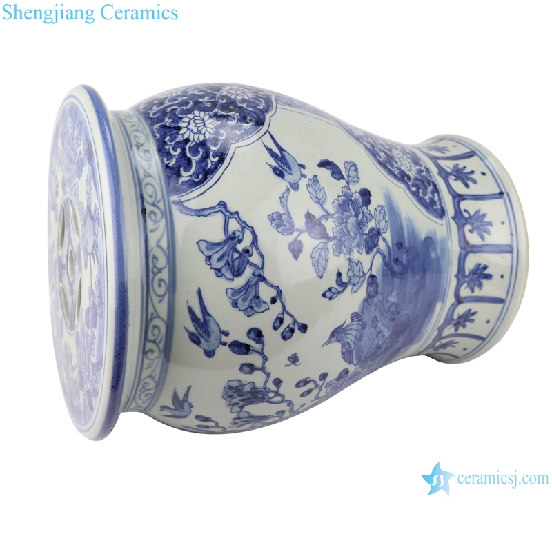 flowers and birds, blue and white porcelain small drum stool