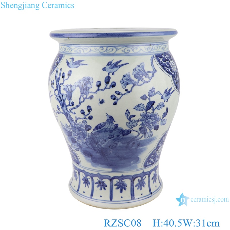 flowers and birds, blue and white porcelain small drum stool