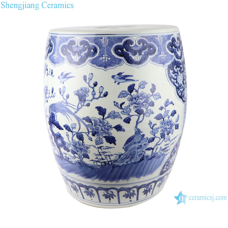  chinese blue and white porcelain drum stool with hand painted flowers and birds