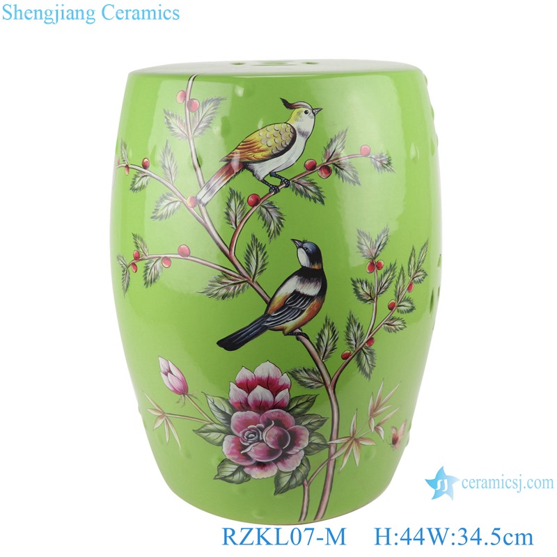 Color glaze green peony flowers and birds porcelain stool