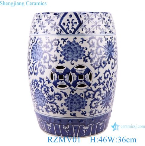 Blue&white entwined branch lotus copper money hole design stool