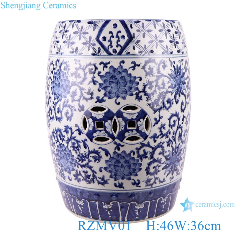 Blue&white entwined branch lotus copper money hole design stool