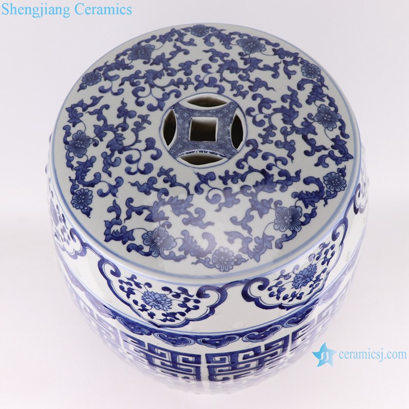 Chinese blue and white plaid design porcelain stool RZMV42