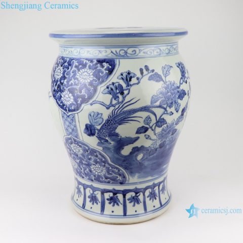  hand-painted flowers and birds, blue and white porcelain small drum stool